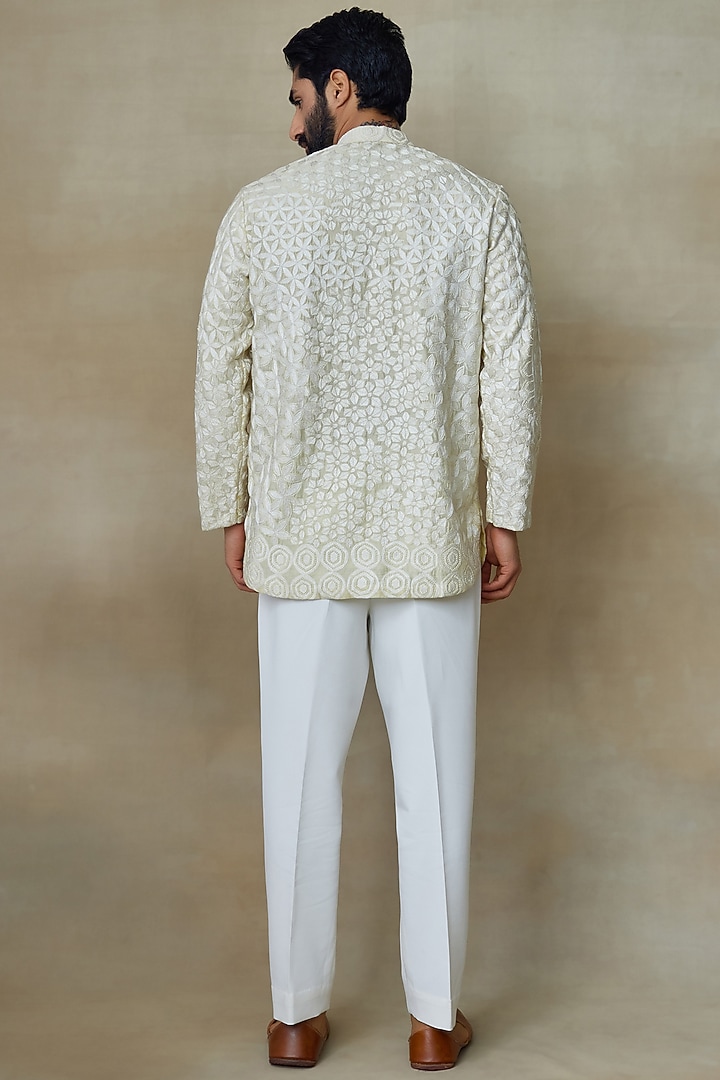 Yellow Silk Chanderi Printed & Embroidered Short Kurta by SHASHA GABA MEN at Pernia's Pop Up Shop