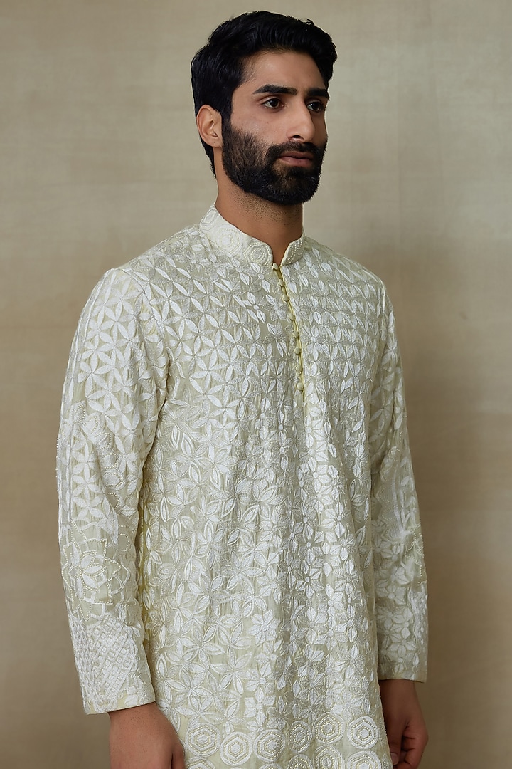 Yellow Silk Chanderi Printed & Embroidered Short Kurta by SHASHA GABA MEN at Pernia's Pop Up Shop