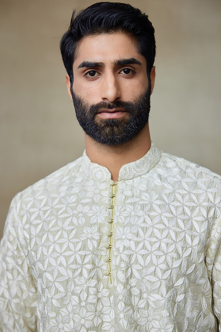 Yellow Silk Chanderi Printed & Embroidered Short Kurta by SHASHA GABA MEN at Pernia's Pop Up Shop