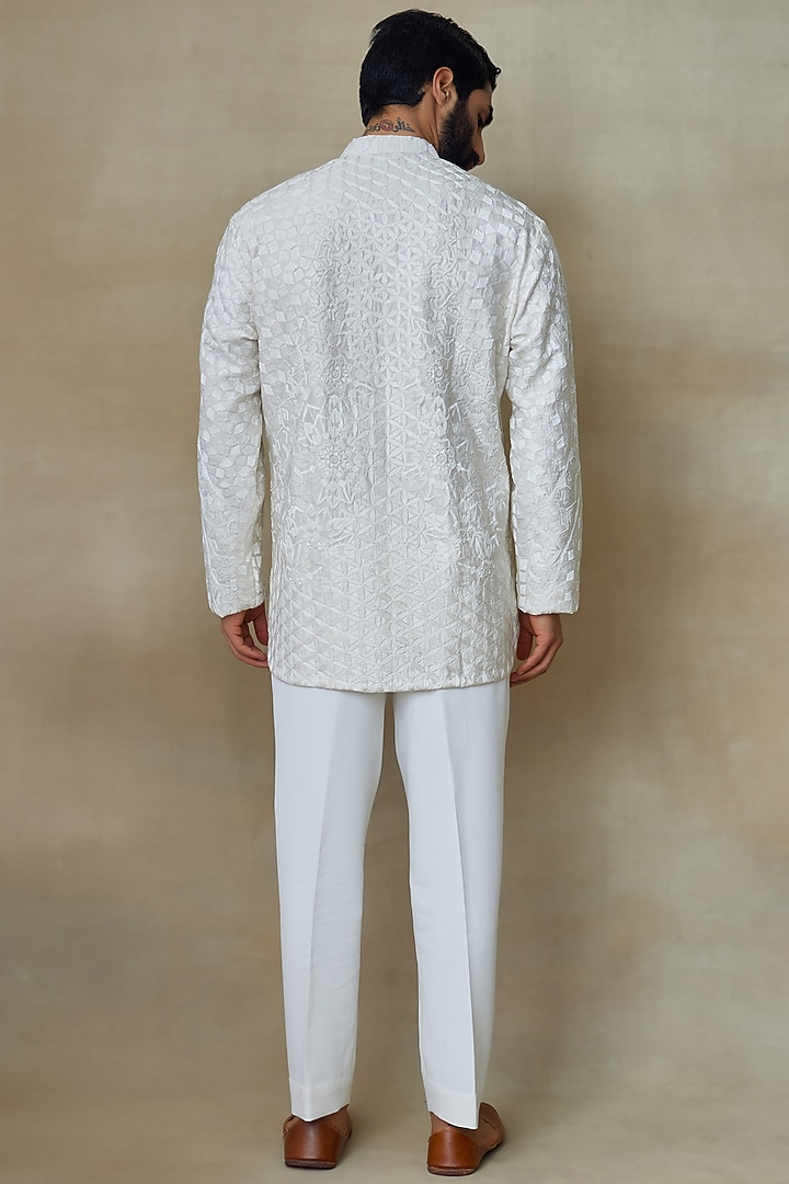 White Silk Chanderi Abstract Printed Embroidered Kurta by SHASHA GABA MEN at Pernia's Pop Up Shop