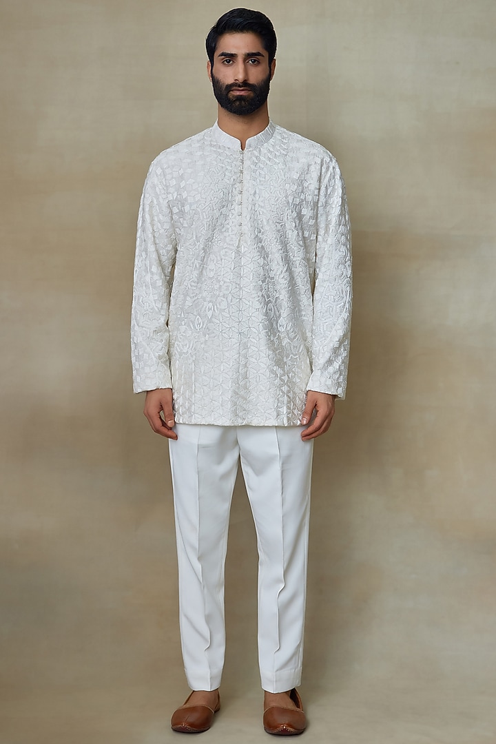 White Silk Chanderi Abstract Printed Embroidered Kurta by SHASHA GABA MEN at Pernia's Pop Up Shop