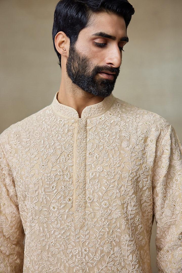 Gold Silk Abstract Printed Embroidered Kurta by SHASHA GABA MEN at Pernia's Pop Up Shop
