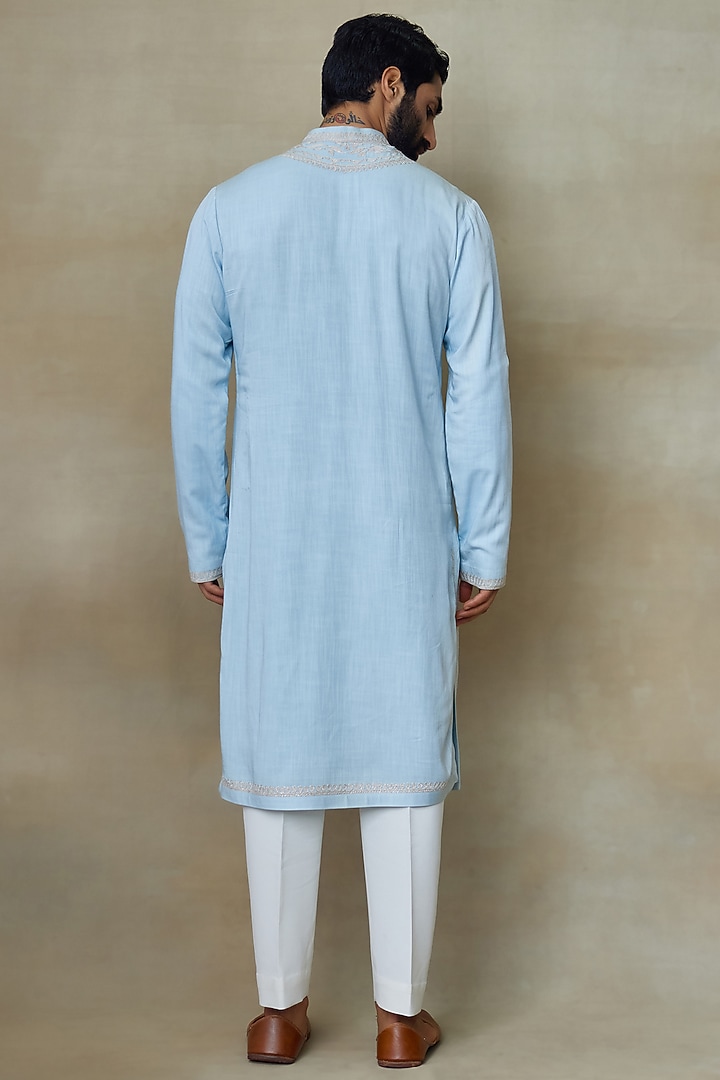 Blue Silk Resham Embroidered Kurta by SHASHA GABA MEN at Pernia's Pop Up Shop