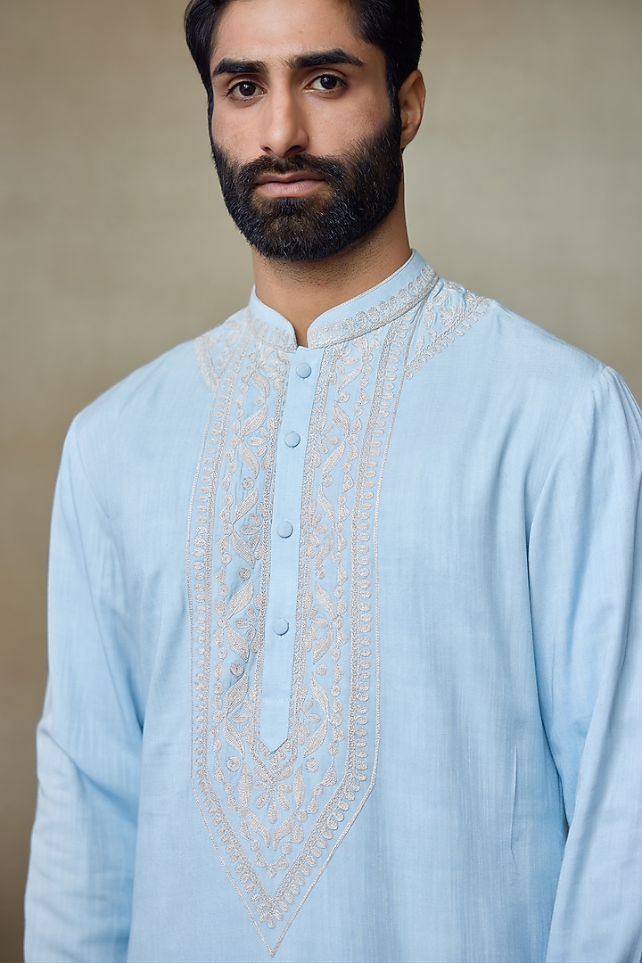 Blue Silk Resham Embroidered Kurta by SHASHA GABA MEN at Pernia's Pop Up Shop
