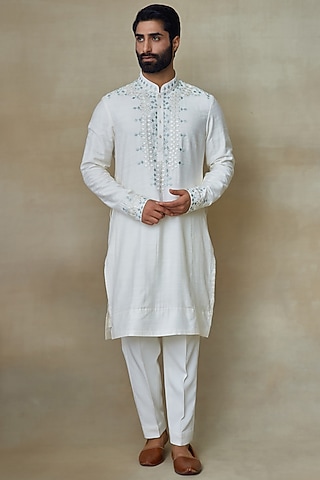 White Silk Zari & Sequins Embroidered Kurta by shasha gaba men