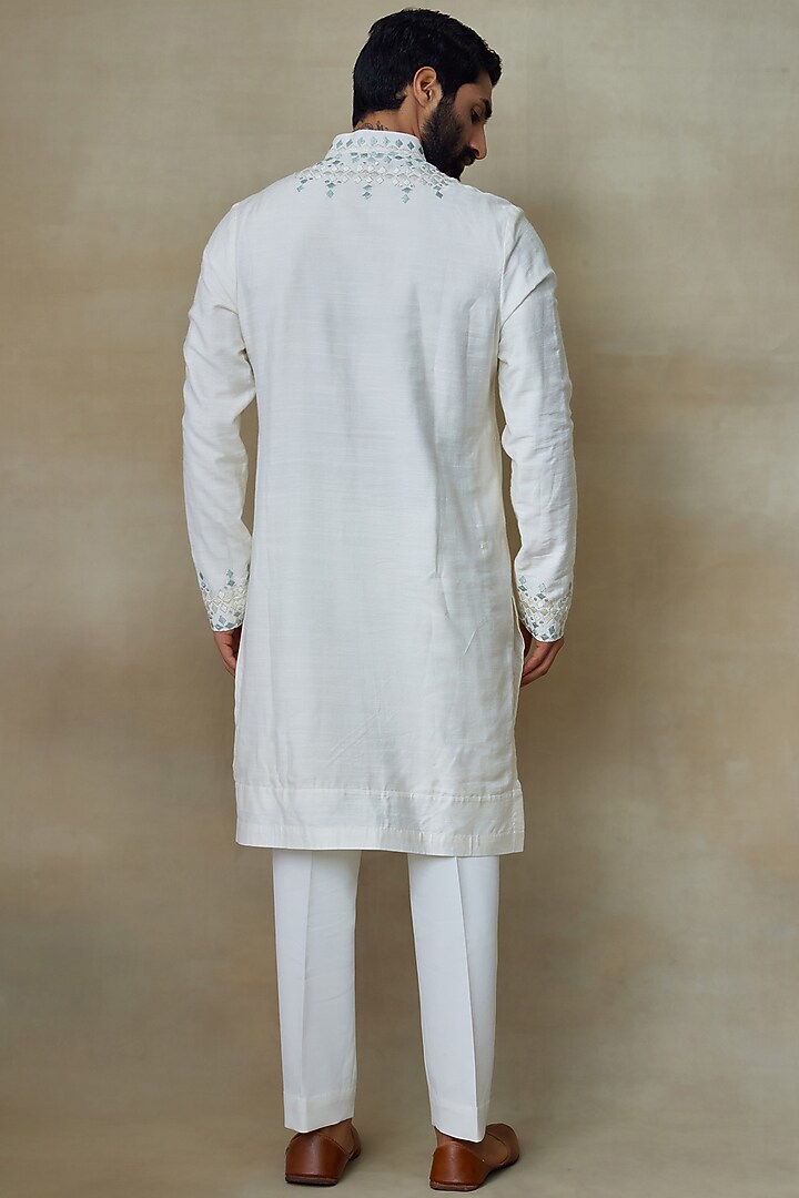 White Silk Zari & Sequins Embroidered Kurta by SHASHA GABA MEN at Pernia's Pop Up Shop