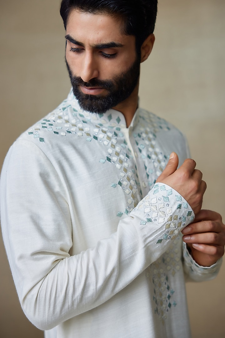 White Silk Zari & Sequins Embroidered Kurta by SHASHA GABA MEN at Pernia's Pop Up Shop
