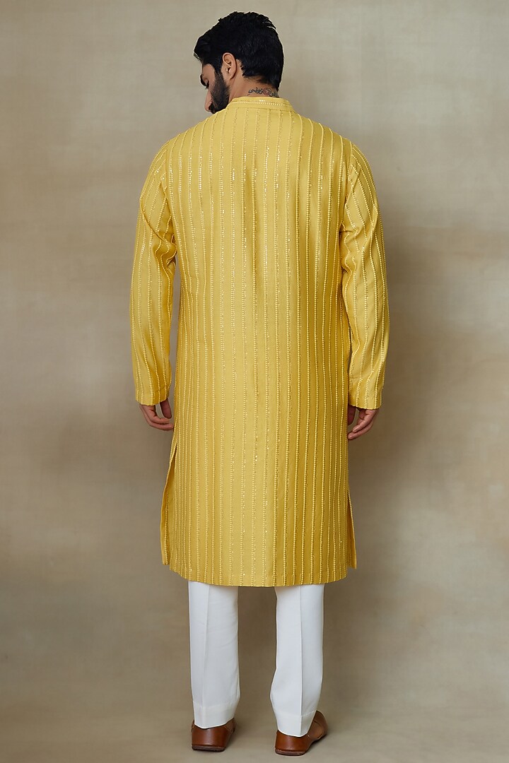 Yellow Silk Chanderi Sequins Embroidered Kurta by SHASHA GABA MEN at Pernia's Pop Up Shop