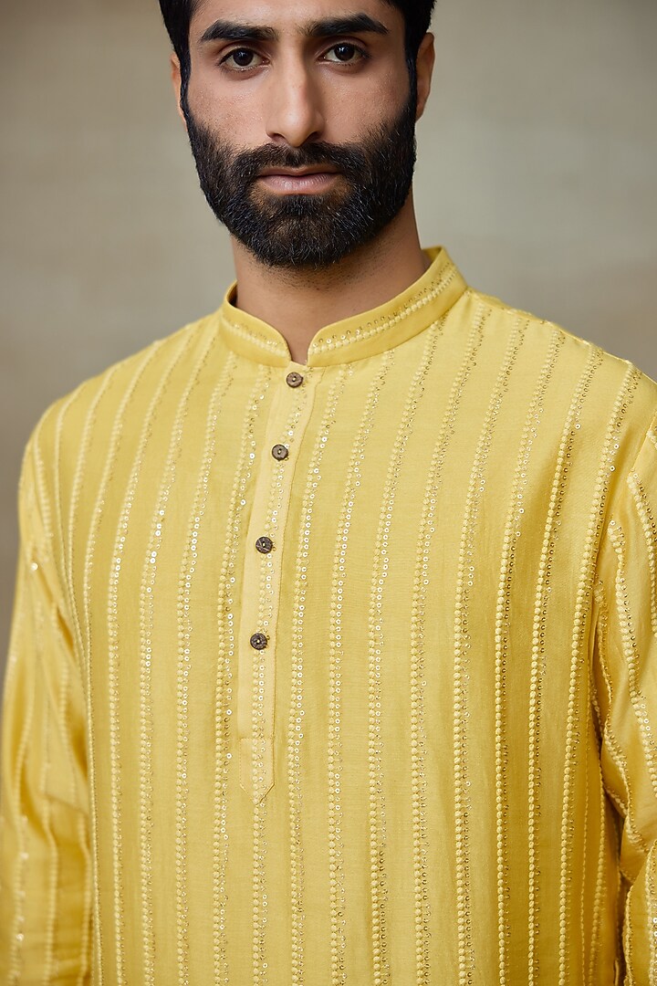 Yellow Silk Chanderi Sequins Embroidered Kurta by SHASHA GABA MEN at Pernia's Pop Up Shop