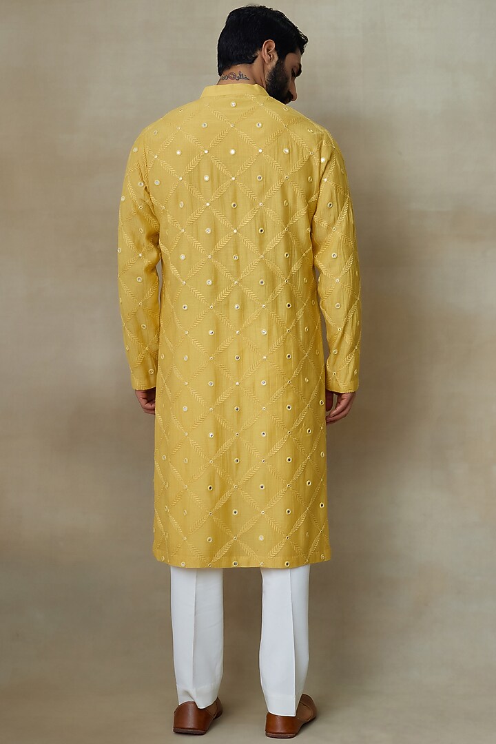Yellow Silk Chanderi Sequins Embroidered Kurta by SHASHA GABA MEN at Pernia's Pop Up Shop