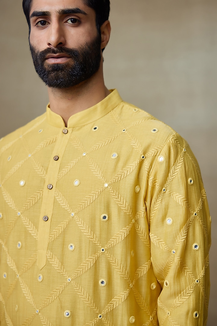 Yellow Silk Chanderi Sequins Embroidered Kurta by SHASHA GABA MEN at Pernia's Pop Up Shop