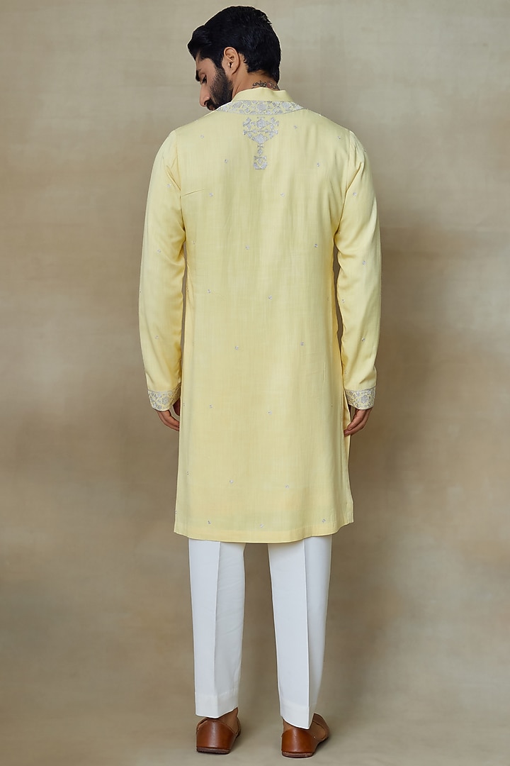 Yellow Silk Chanderi Printed & Embroidered Kurta by SHASHA GABA MEN at Pernia's Pop Up Shop