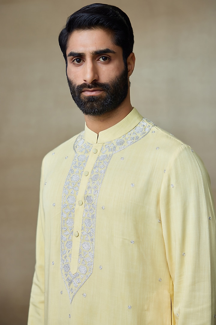 Yellow Silk Chanderi Printed & Embroidered Kurta by SHASHA GABA MEN at Pernia's Pop Up Shop