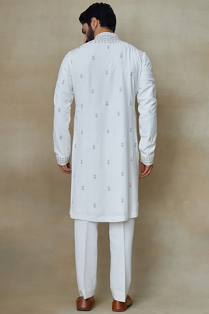 White Silk Chanderi Printed & Embroidered Kurta by SHASHA GABA MEN at Pernia's Pop Up Shop