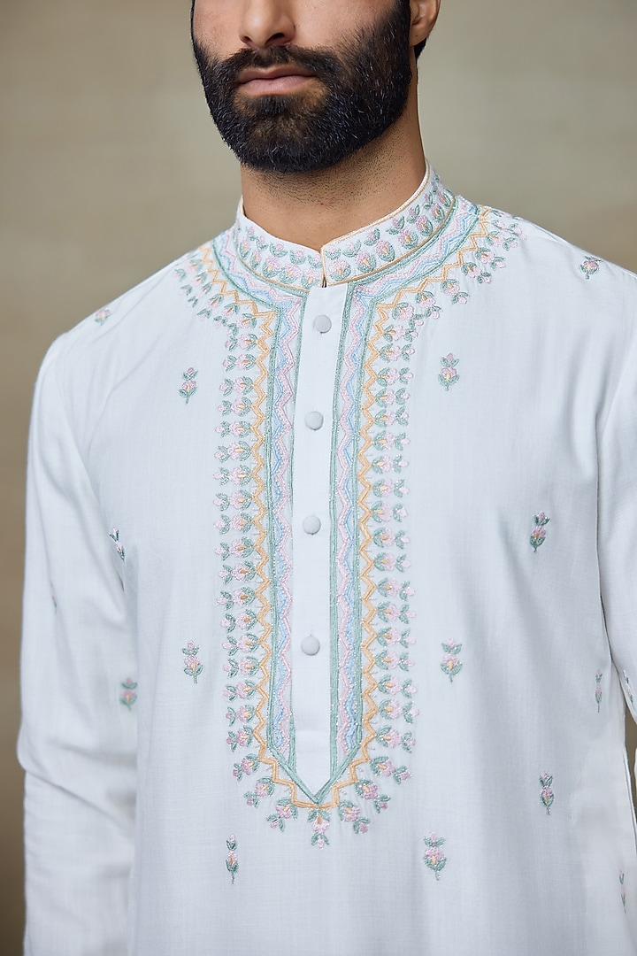 White Silk Chanderi Printed & Embroidered Kurta by SHASHA GABA MEN at Pernia's Pop Up Shop