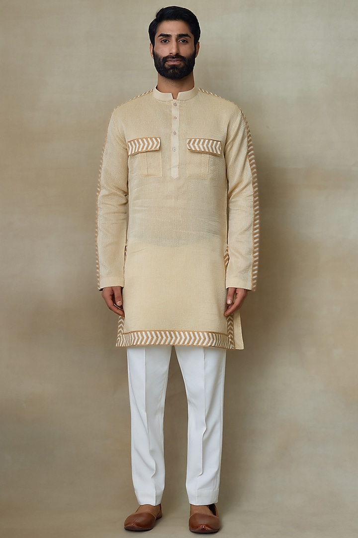 Beige Silk Embellished Pathani Kurta by SHASHA GABA MEN