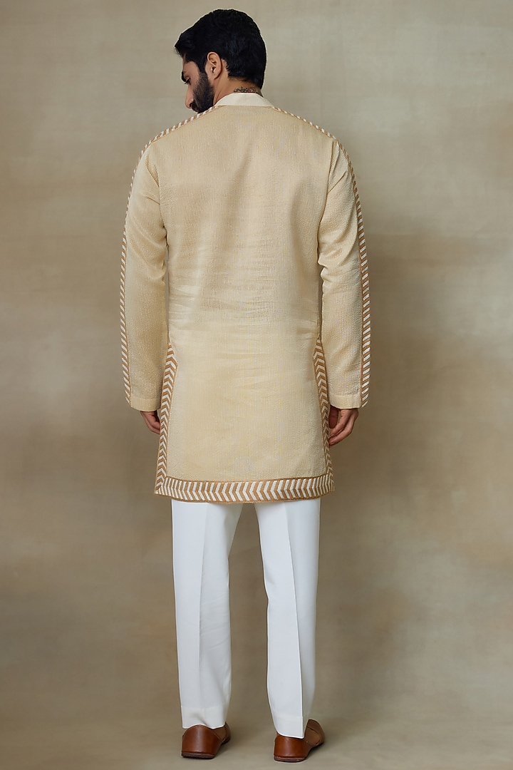 Beige Silk Embellished Pathani Kurta by SHASHA GABA MEN at Pernia's Pop Up Shop