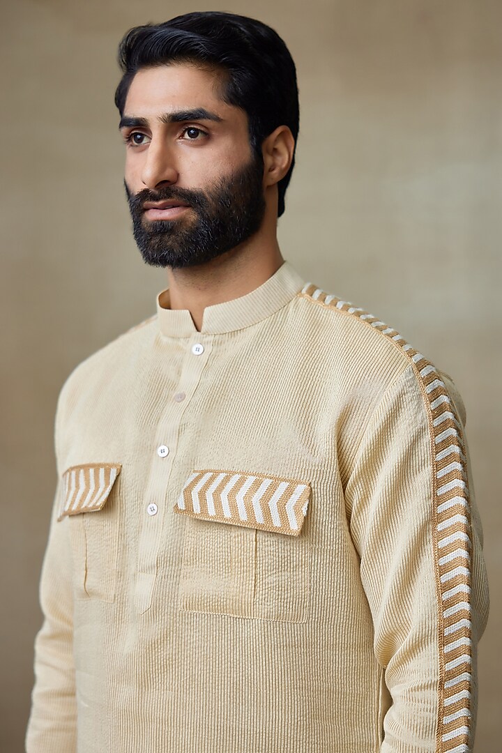 Beige Silk Embellished Pathani Kurta by SHASHA GABA MEN at Pernia's Pop Up Shop
