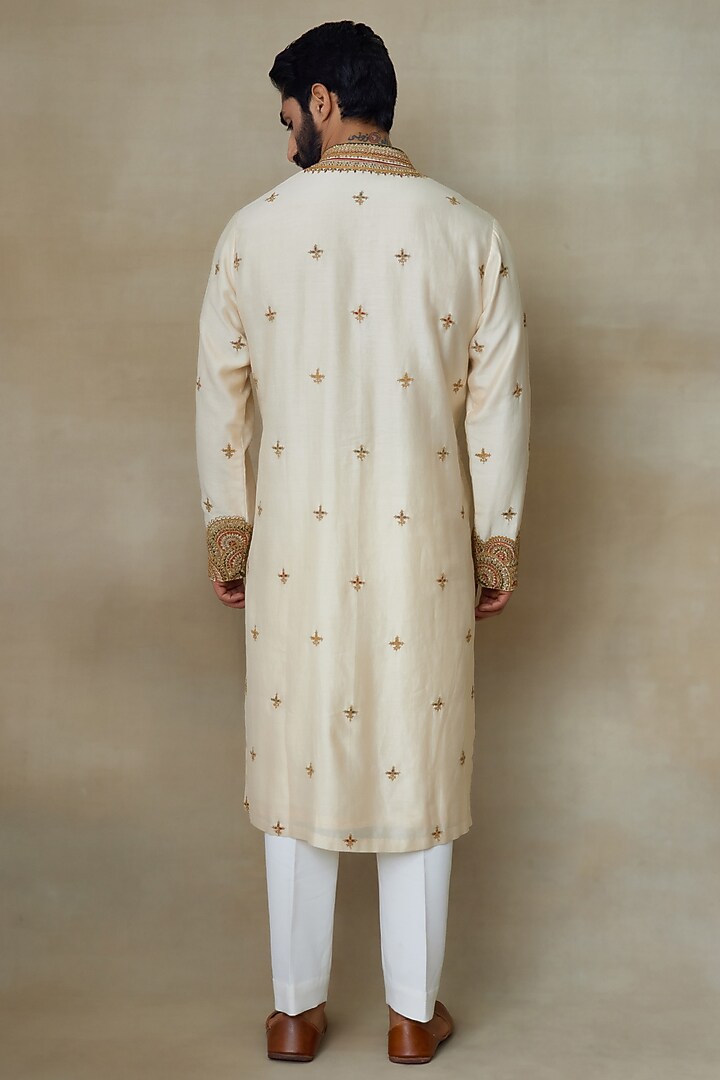 Beige Silk Chanderi Printed & Embroidered Kurta by SHASHA GABA MEN at Pernia's Pop Up Shop
