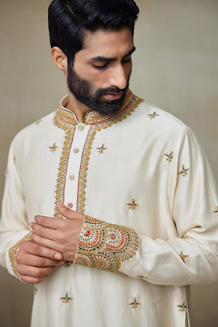 Beige Silk Chanderi Printed & Embroidered Kurta by SHASHA GABA MEN at Pernia's Pop Up Shop