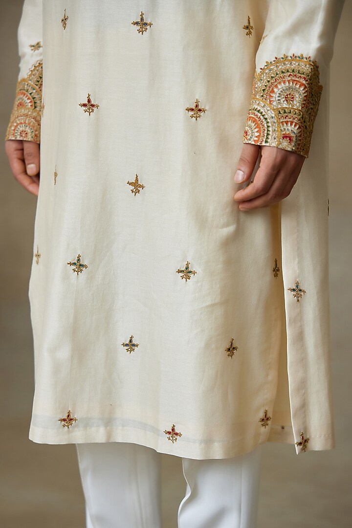 Beige Silk Chanderi Printed & Embroidered Kurta by SHASHA GABA MEN at Pernia's Pop Up Shop