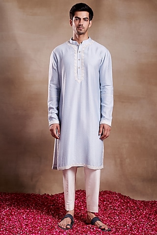 Icy Blue Silk Chanderi Printed & Embroidered Kurta by SHASHA GABA MEN