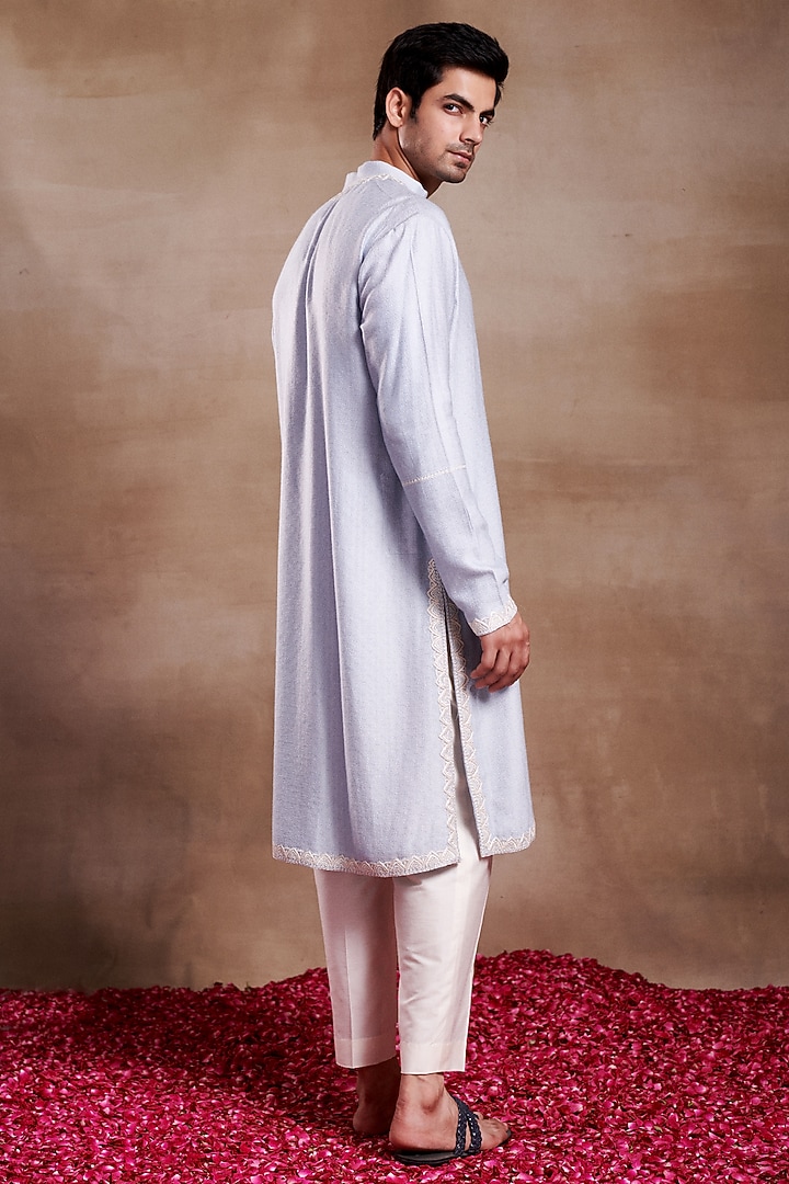 Icy Blue Silk Chanderi Printed & Embroidered Kurta by SHASHA GABA MEN at Pernia's Pop Up Shop