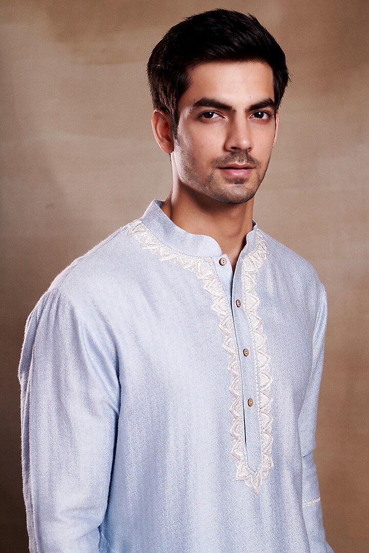 Icy Blue Silk Chanderi Printed & Embroidered Kurta by SHASHA GABA MEN at Pernia's Pop Up Shop