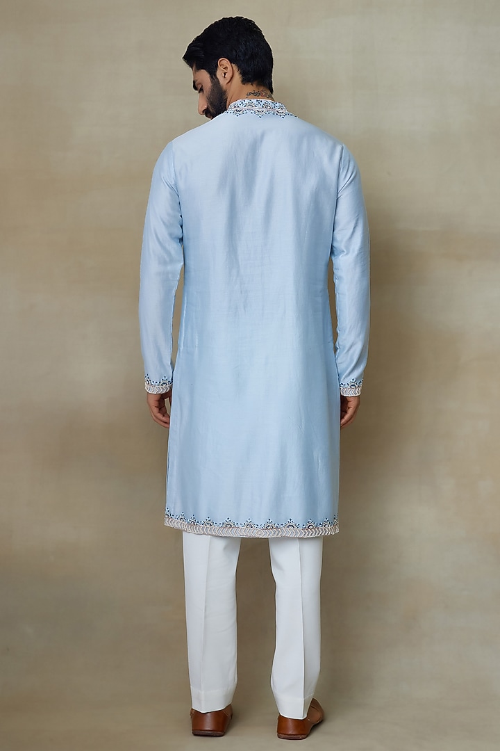 Icy Blue Silk Chanderi Printed & Embroidered Kurta by SHASHA GABA MEN at Pernia's Pop Up Shop