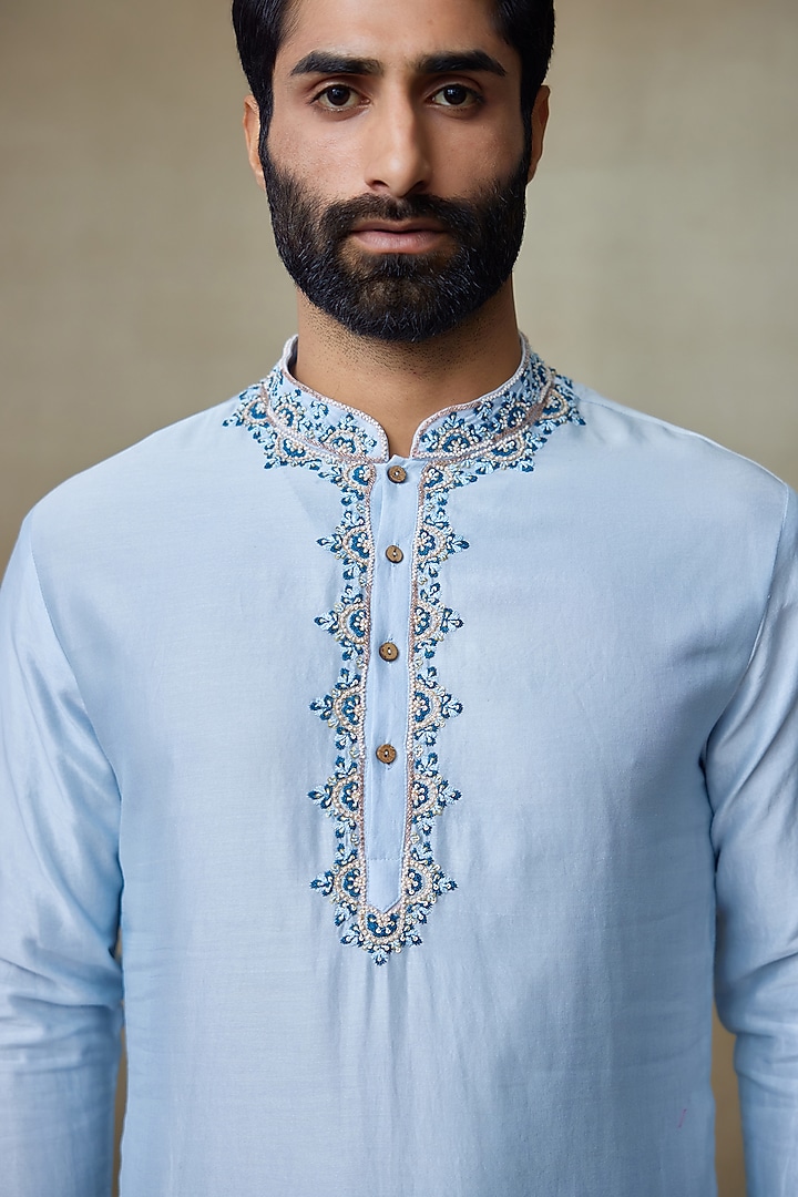 Icy Blue Silk Chanderi Printed & Embroidered Kurta by SHASHA GABA MEN at Pernia's Pop Up Shop