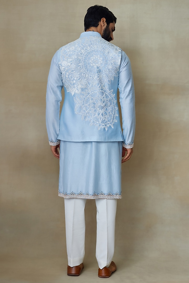 Icy Blue Silk Chanderi Printed & Embroidered Bundi Jacket by SHASHA GABA MEN at Pernia's Pop Up Shop
