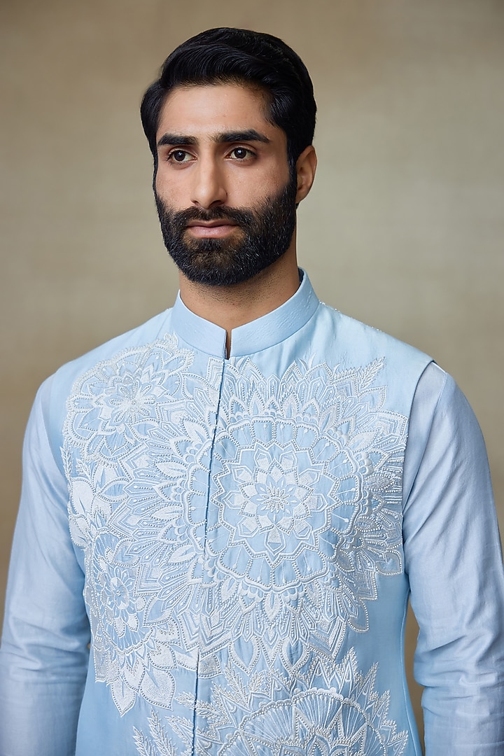 Icy Blue Silk Chanderi Printed & Embroidered Bundi Jacket by SHASHA GABA MEN at Pernia's Pop Up Shop