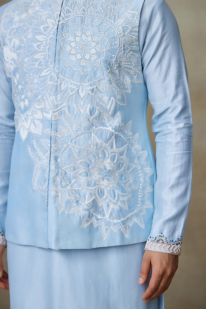 Icy Blue Silk Chanderi Printed & Embroidered Bundi Jacket by SHASHA GABA MEN at Pernia's Pop Up Shop
