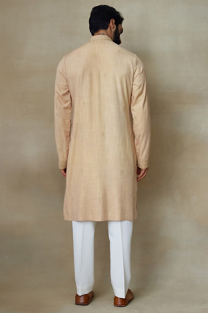 Beige Silk Chanderi Printed & Embellished Kurta by SHASHA GABA MEN at Pernia's Pop Up Shop