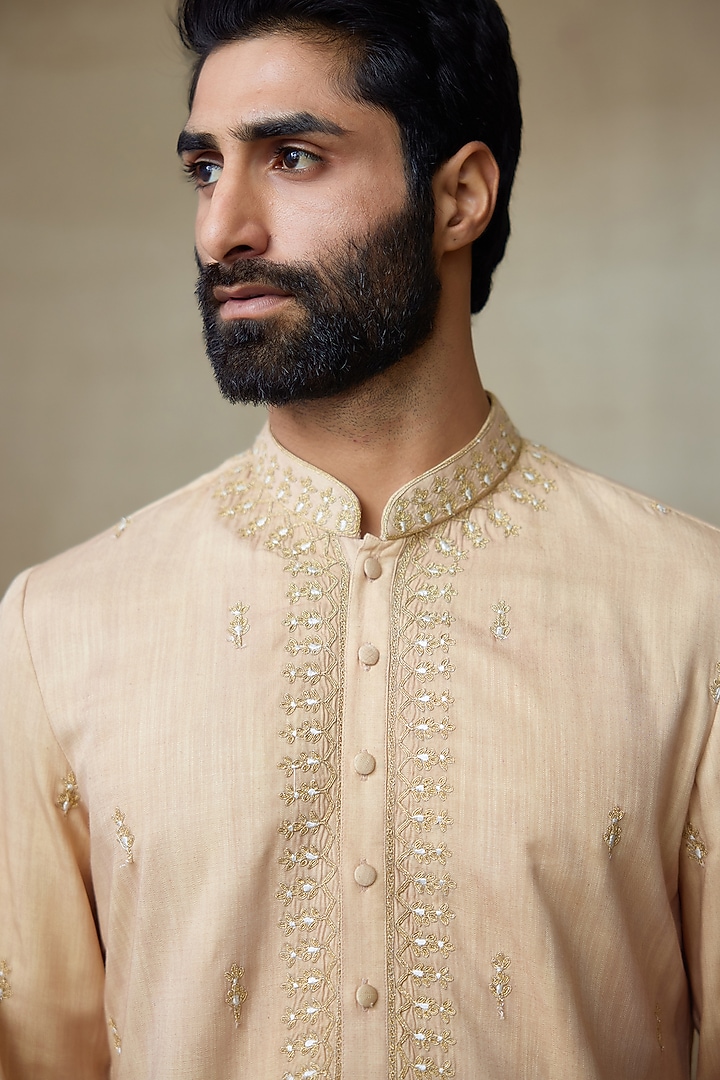 Beige Silk Chanderi Printed & Embellished Kurta by SHASHA GABA MEN at Pernia's Pop Up Shop
