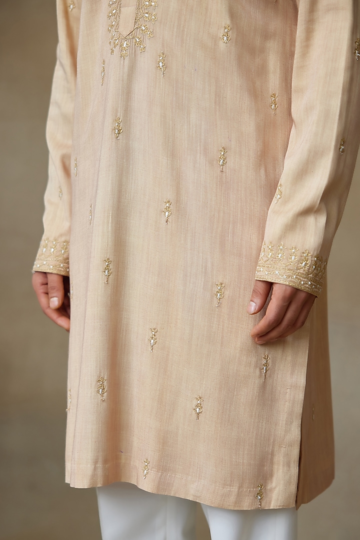 Beige Silk Chanderi Printed & Embellished Kurta by SHASHA GABA MEN at Pernia's Pop Up Shop