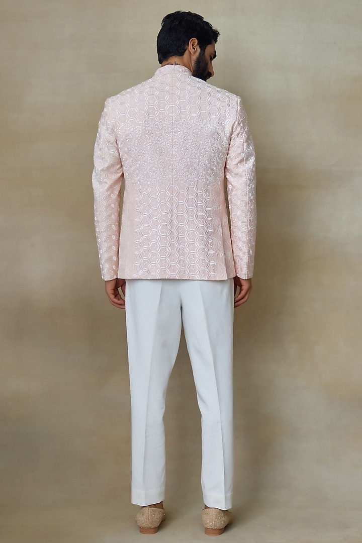 Pink Silk Chanderi Printed & Embellished Wedding Bandhgala by SHASHA GABA MEN at Pernia's Pop Up Shop