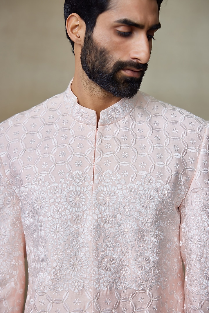 Pink Silk Chanderi Printed & Embellished Wedding Bandhgala by SHASHA GABA MEN at Pernia's Pop Up Shop