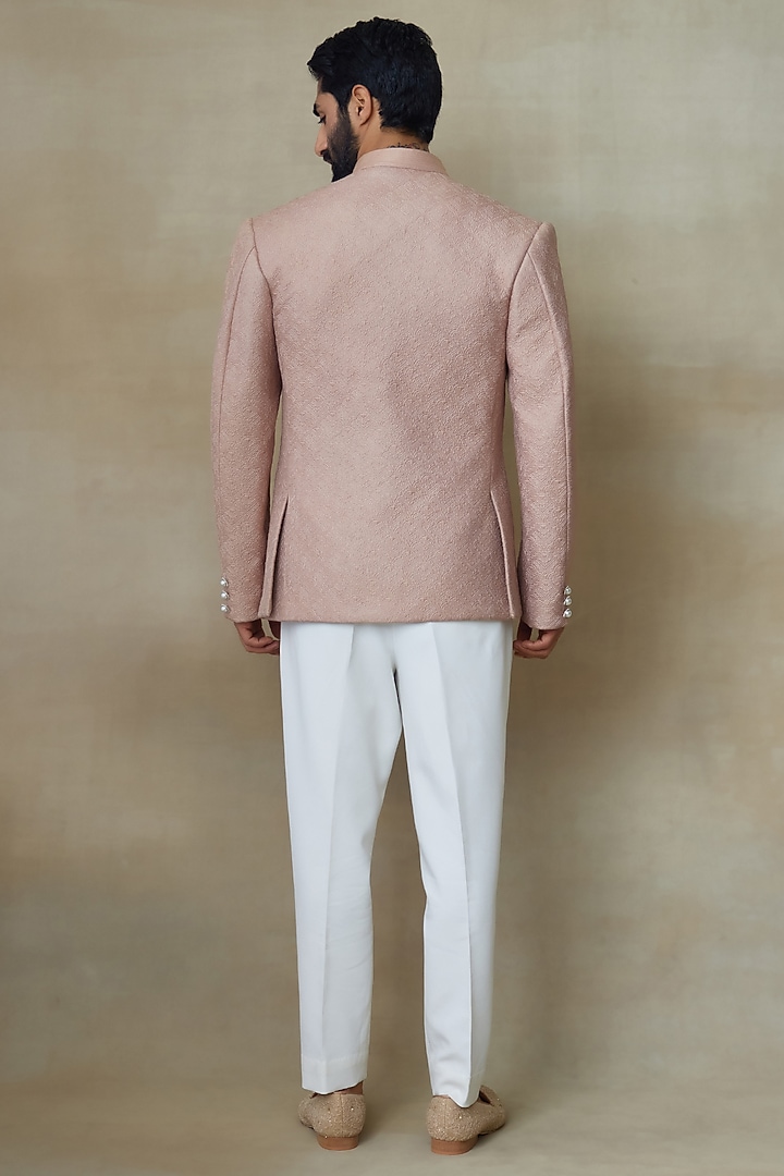 Beige Silk Printed & Embroidered Wedding Bandhgala by SHASHA GABA MEN at Pernia's Pop Up Shop