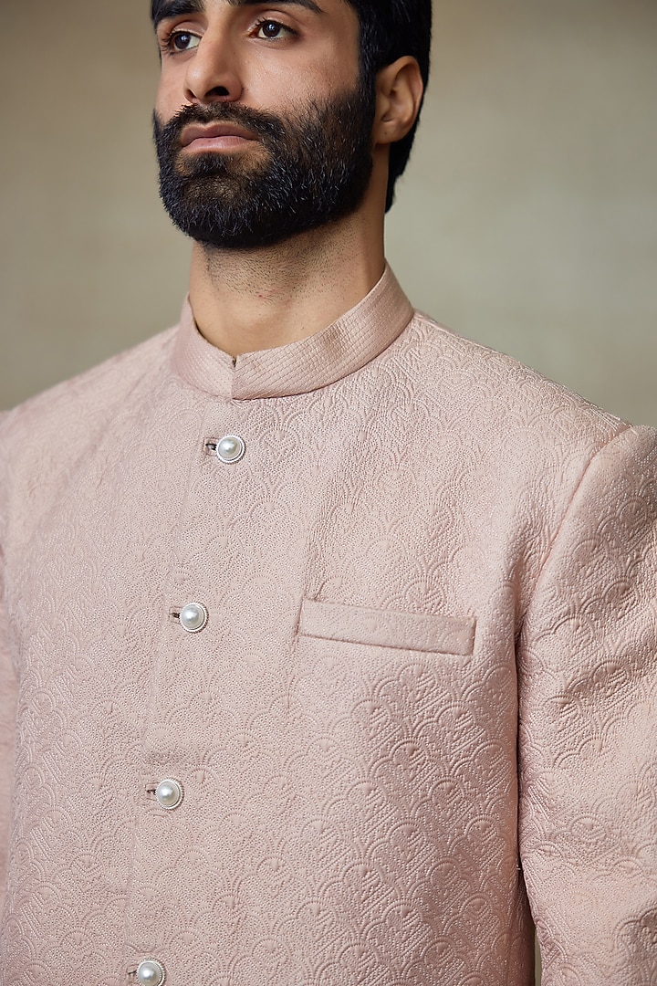 Beige Silk Printed & Embroidered Wedding Bandhgala by SHASHA GABA MEN at Pernia's Pop Up Shop
