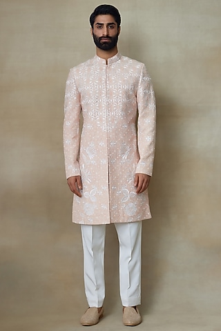 Pink Silk Chanderi Printed & Embroidered Sherwani by SHASHA GABA MEN