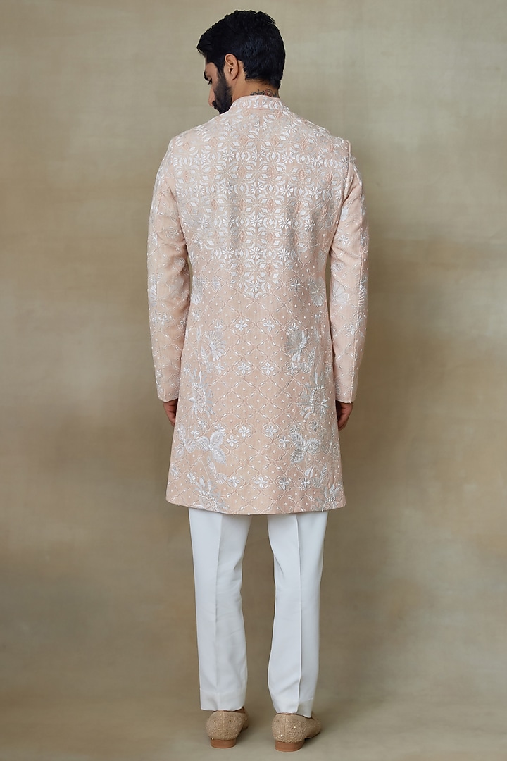 Pink Silk Chanderi Printed & Embroidered Groom Sherwani by SHASHA GABA MEN at Pernia's Pop Up Shop