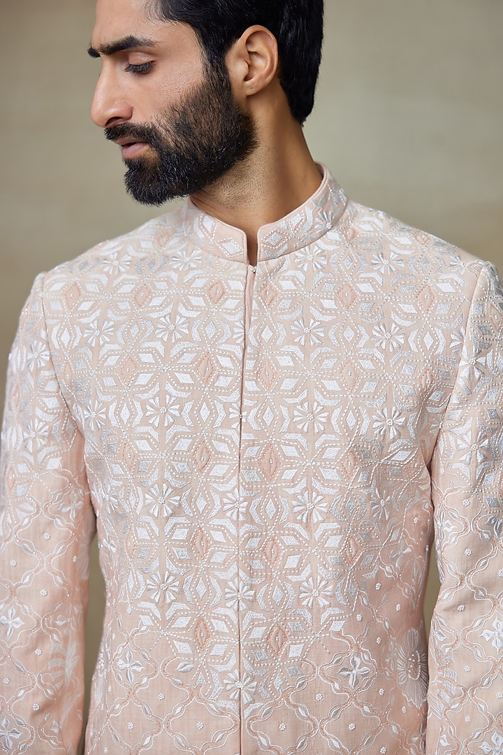 Pink Silk Chanderi Printed & Embroidered Groom Sherwani by SHASHA GABA MEN at Pernia's Pop Up Shop