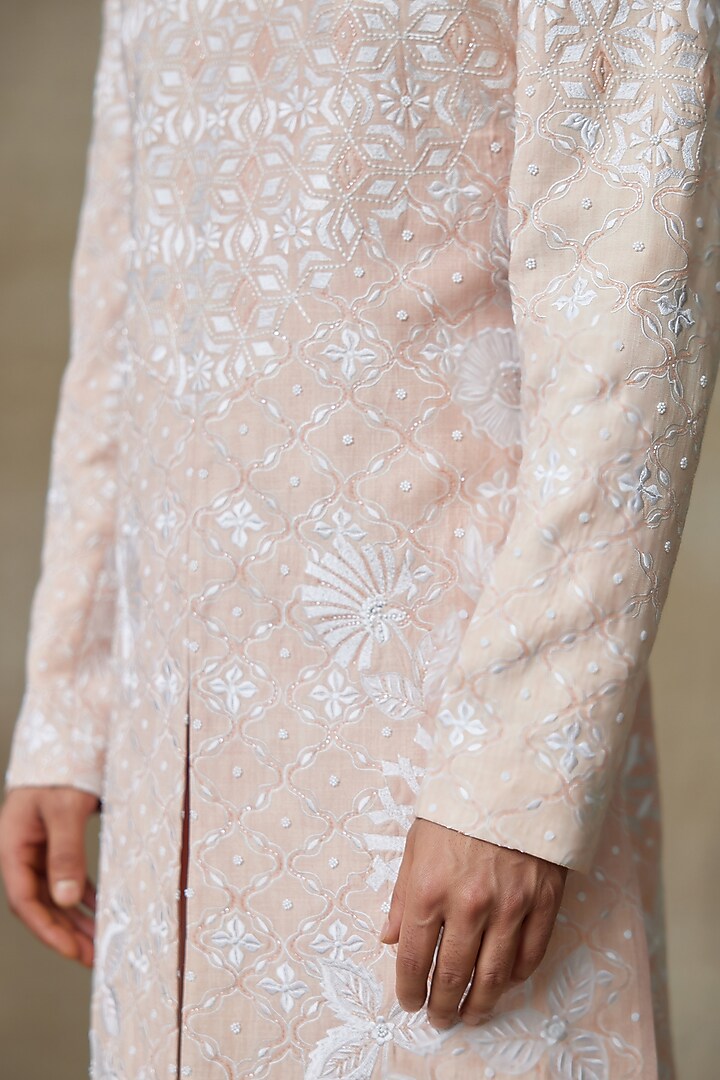Pink Silk Chanderi Printed & Embroidered Groom Sherwani by SHASHA GABA MEN at Pernia's Pop Up Shop