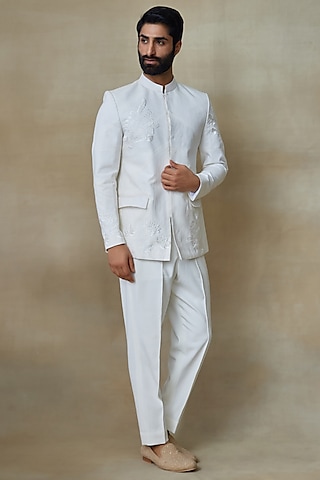 White Silk Printed & Embroidered Bandhgala by SHASHA GABA MEN