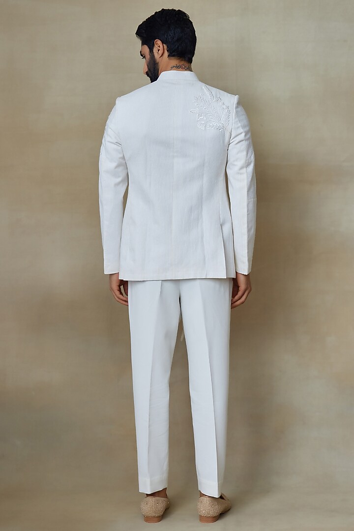 White Silk Printed & Embroidered Wedding Bandhgala by SHASHA GABA MEN at Pernia's Pop Up Shop