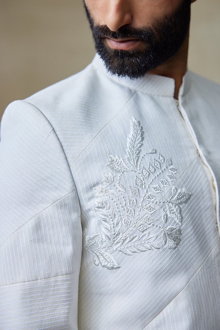 White Silk Printed & Embroidered Wedding Bandhgala by SHASHA GABA MEN at Pernia's Pop Up Shop