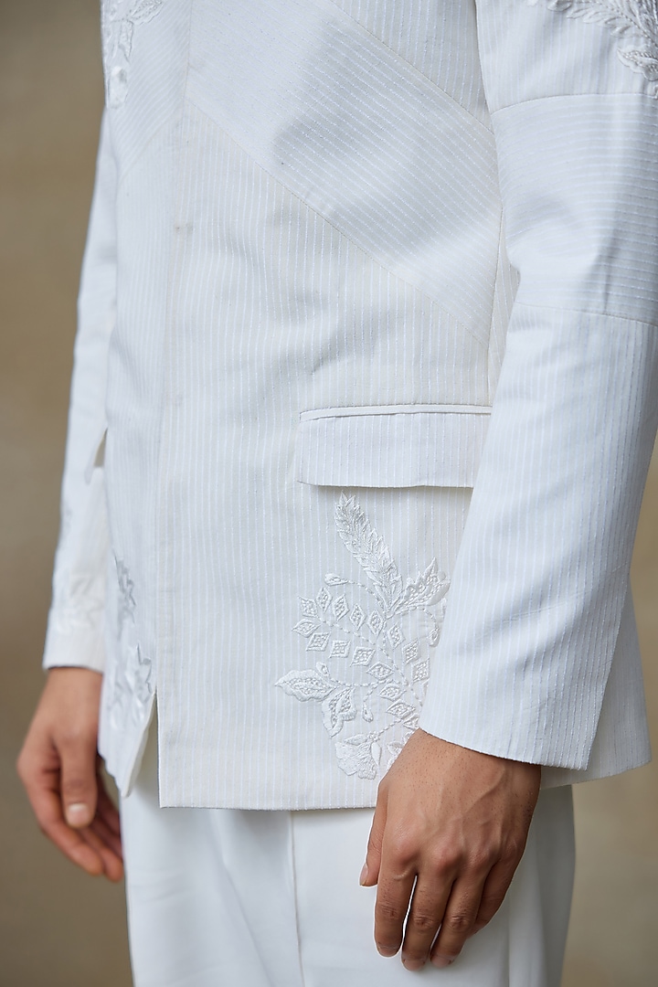 White Silk Printed & Embroidered Wedding Bandhgala by SHASHA GABA MEN at Pernia's Pop Up Shop