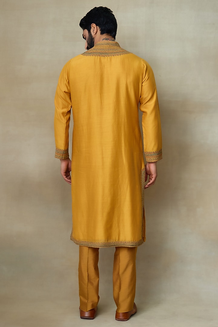 Yellow Silk Chanderi Printed & Embroidered Kurta by SHASHA GABA MEN at Pernia's Pop Up Shop