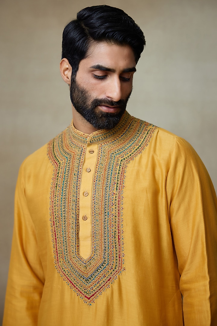Yellow Silk Chanderi Printed & Embroidered Kurta by SHASHA GABA MEN at Pernia's Pop Up Shop